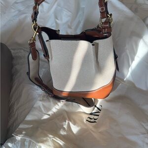 Zara Cream Canvas Shoulder Bag with Brown Leather Trim and Gold Hardware
